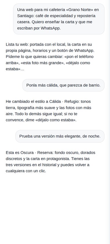 La conversación con la que se crea la web: el cliente cuenta su negocio y pide cambios