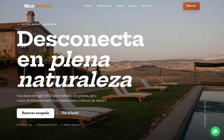 Web de ejemplo de un hotel rural: habitaciones, galería del entorno y equipo