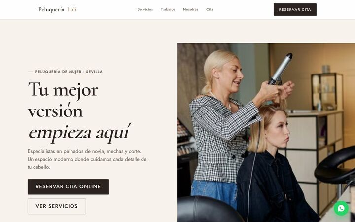 Web de ejemplo de una peluquería: servicios con precio y galería de trabajos