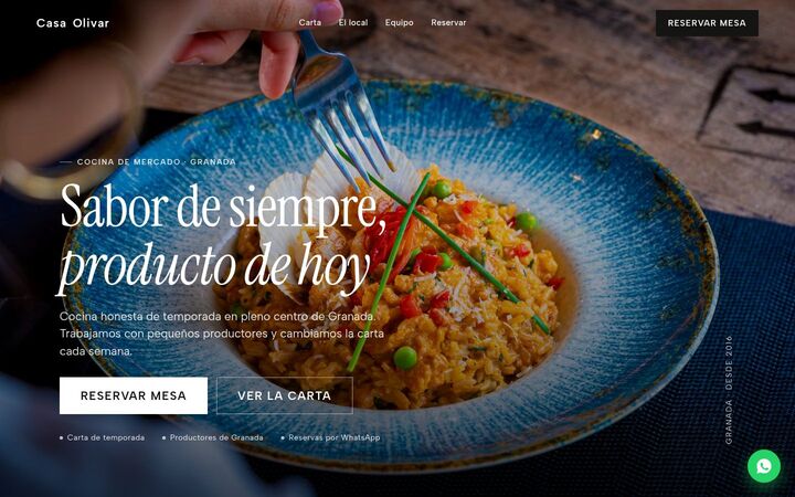 Web de ejemplo de un restaurante: portada con foto del plato, la carta y reserva de mesa
