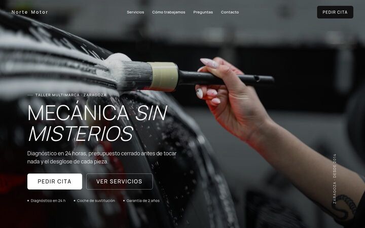 Web de ejemplo de un taller mecánico: cómo trabajan paso a paso y formulario
